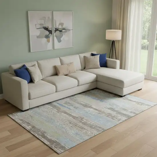 Taupe Blue And Green Striped Washable Area Rug With UV Protection Photo 1