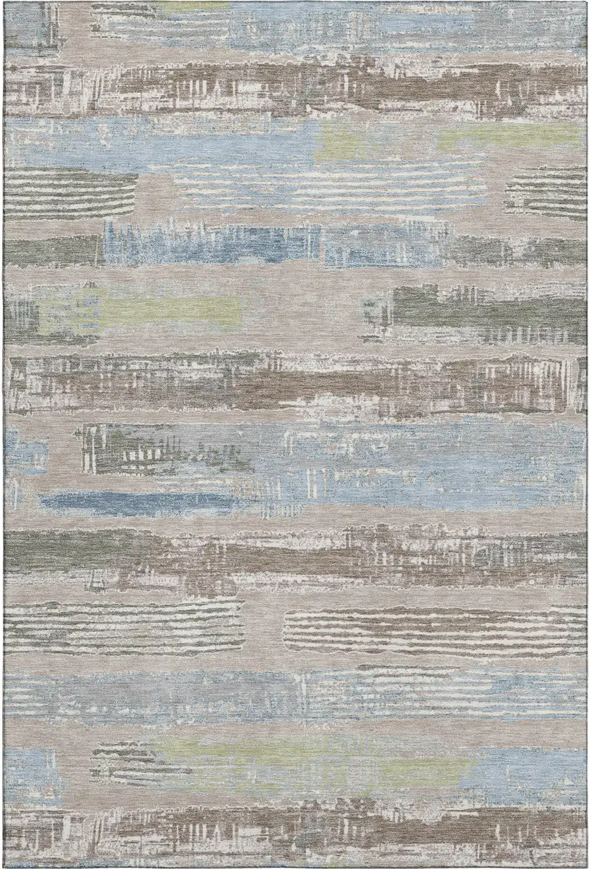 Taupe Blue And Green Striped Washable Area Rug With UV Protection Photo 1