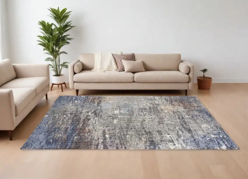Taupe Blue And Ivory Abstract Power Loom Distressed Stain Resistant Area Rug Photo 2