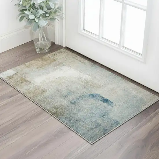 Taupe Blue And Ivory Abstract Washable Area Rug With UV Protection Photo 2