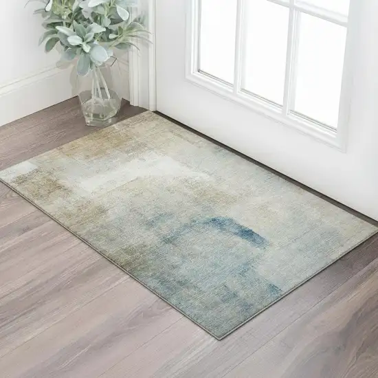 Taupe Blue And Ivory Abstract Washable Area Rug With UV Protection Photo 1
