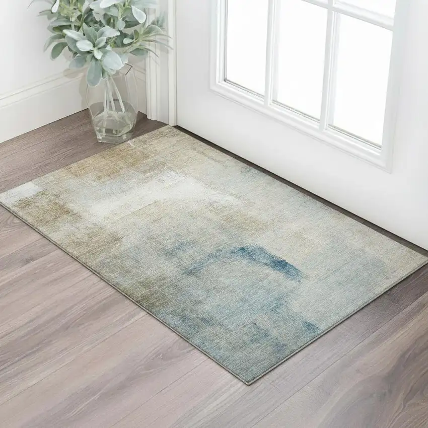 Taupe Blue And Ivory Abstract Washable Area Rug With UV Protection Photo 1