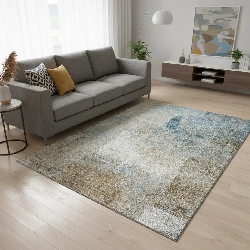 Taupe Blue And Ivory Abstract Washable Area Rug With UV Protection Photo 2