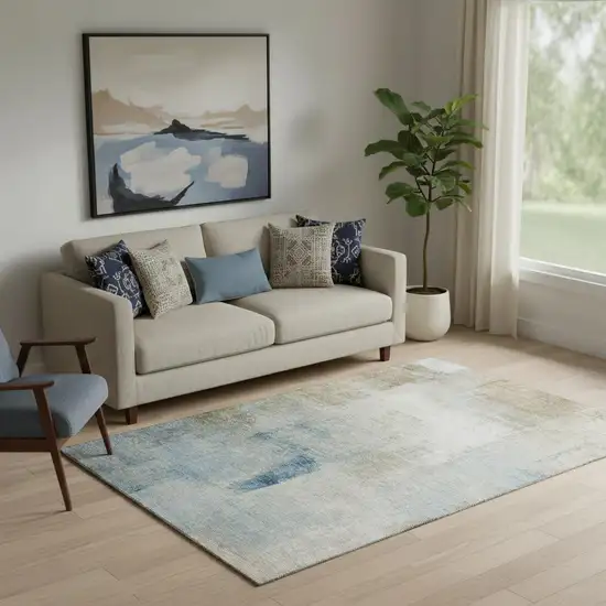Taupe Blue And Ivory Abstract Washable Area Rug With UV Protection Photo 1
