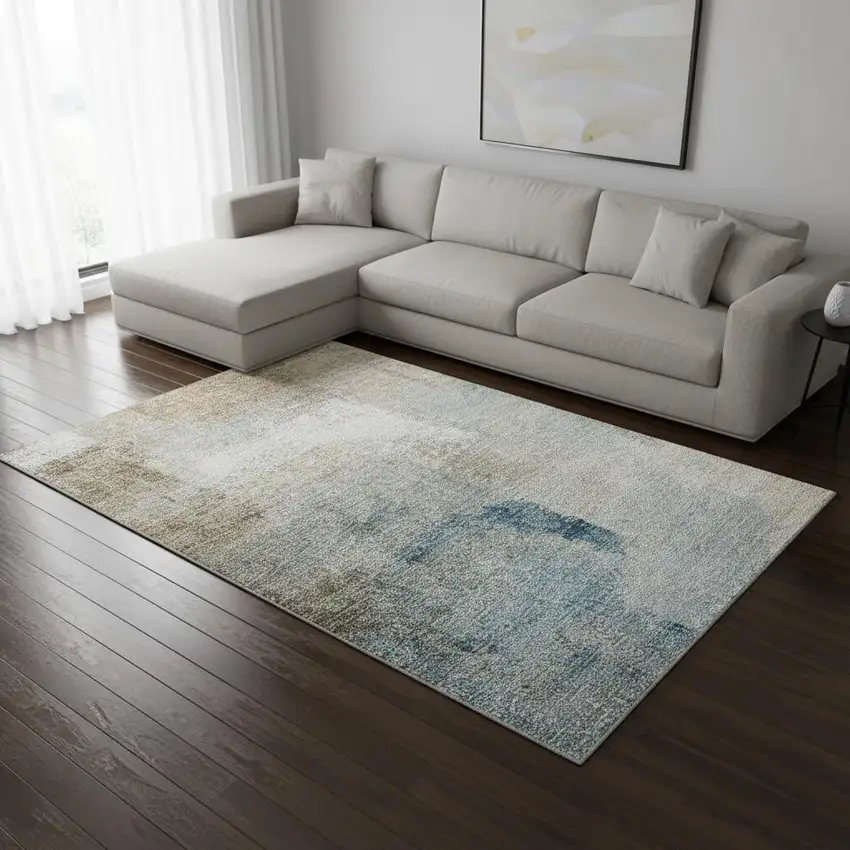 Taupe Blue And Ivory Abstract Washable Area Rug With UV Protection Photo 2