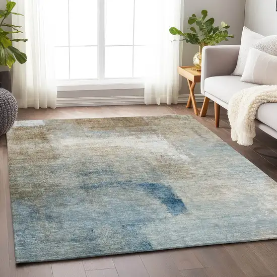 Taupe Blue And Ivory Abstract Washable Area Rug With UV Protection Photo 5