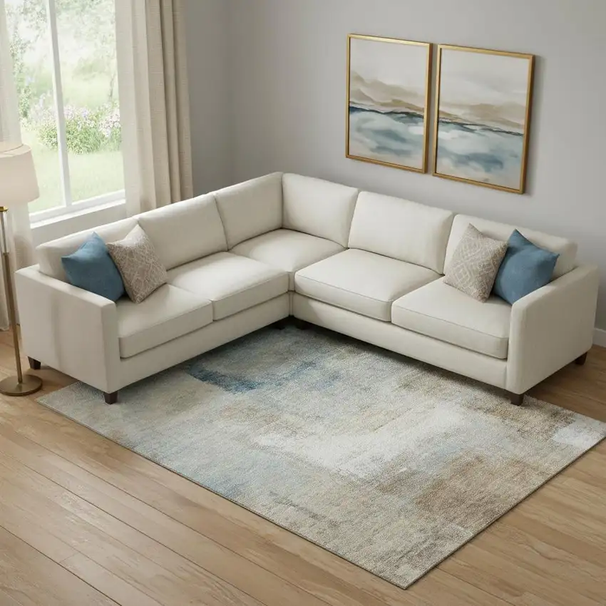 Taupe Blue And Ivory Abstract Washable Area Rug With UV Protection Photo 1