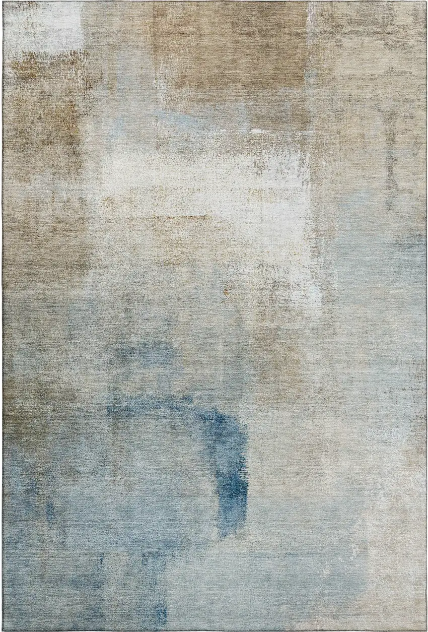 Taupe Blue And Ivory Abstract Washable Area Rug With UV Protection Photo 1