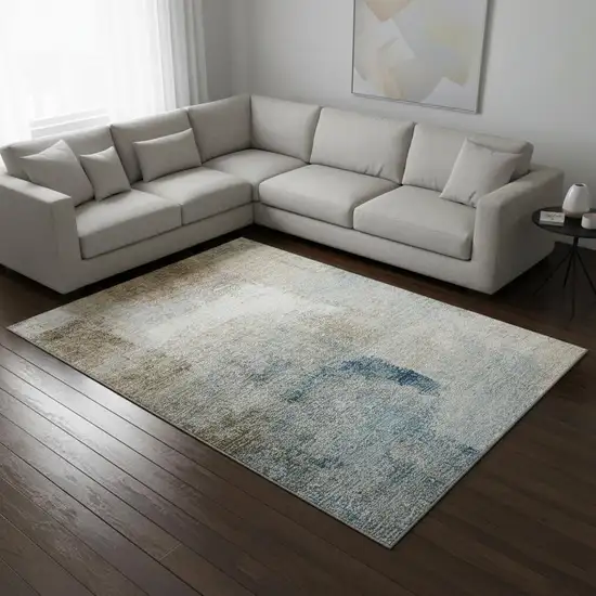 Taupe Blue And Ivory Abstract Washable Area Rug With UV Protection Photo 2