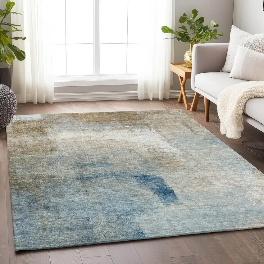 Taupe Blue And Ivory Abstract Washable Area Rug With UV Protection Photo 6