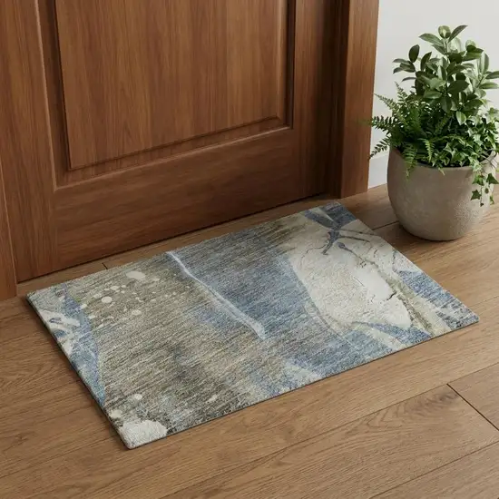 Taupe Blue And Ivory Abstract Washable Area Rug With UV Protection Photo 1
