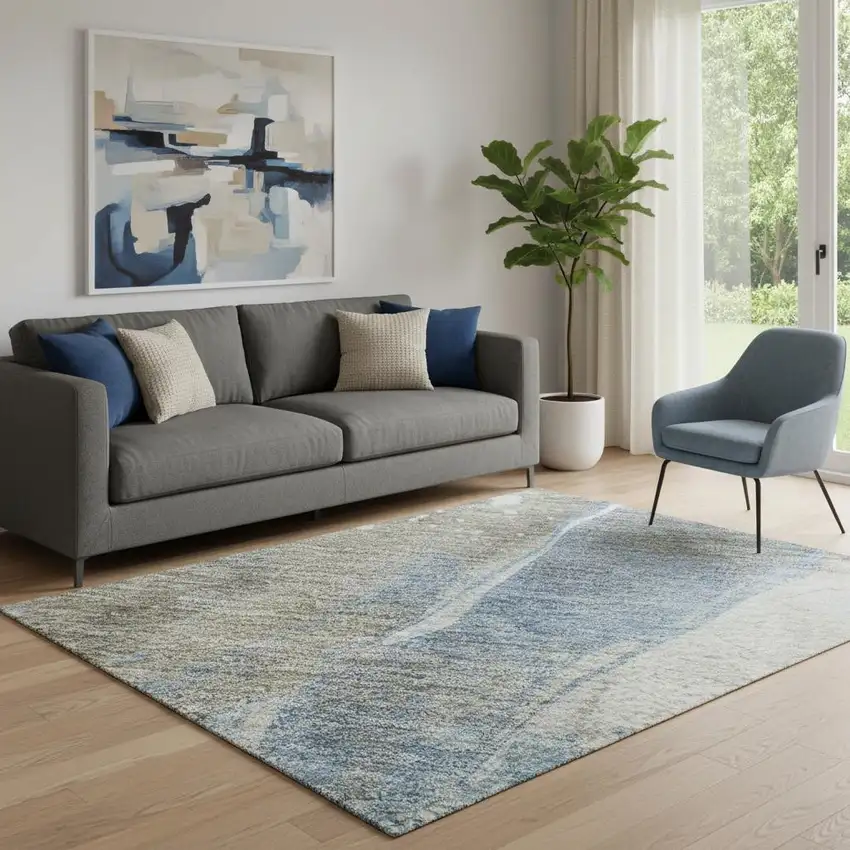 Taupe Blue And Ivory Abstract Washable Area Rug With UV Protection Photo 2