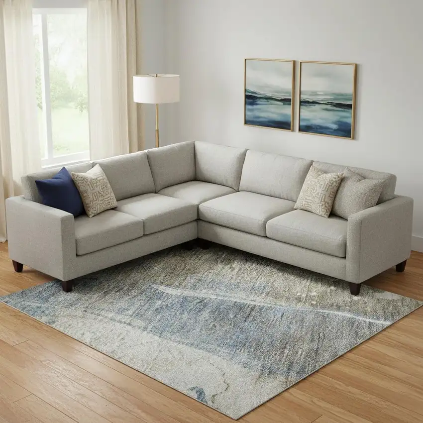 Taupe Blue And Ivory Abstract Washable Area Rug With UV Protection Photo 2