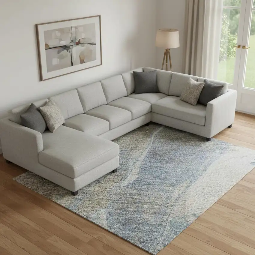 Taupe Blue And Ivory Abstract Washable Area Rug With UV Protection Photo 2