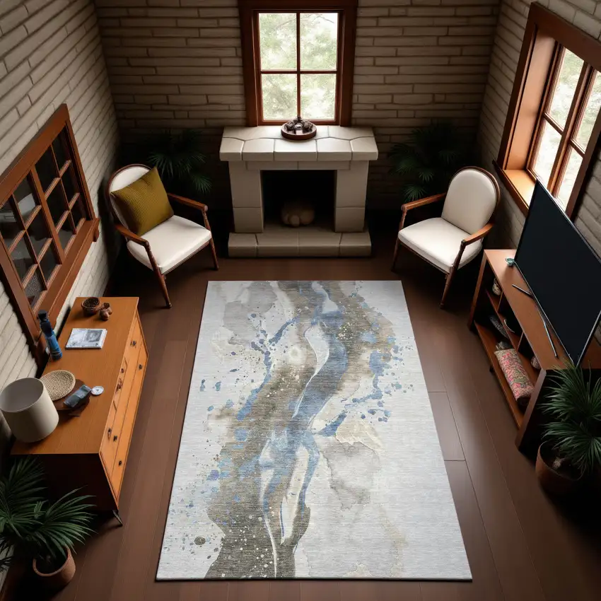 Taupe Blue And Ivory Abstract Washable Area Rug With UV Protection Photo 3