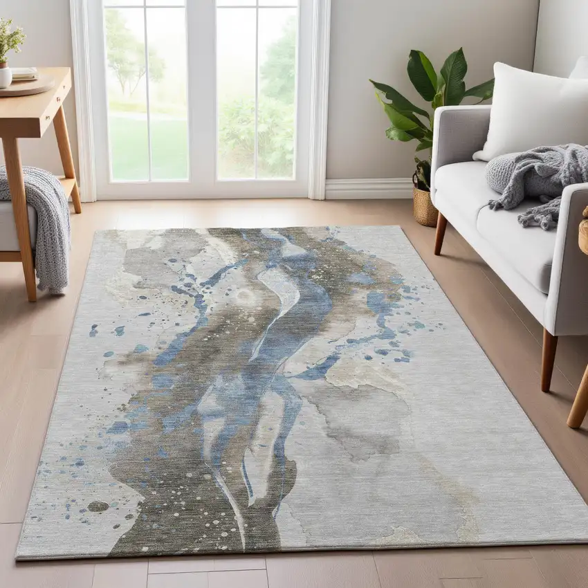 Taupe Blue And Ivory Abstract Washable Area Rug With UV Protection Photo 4
