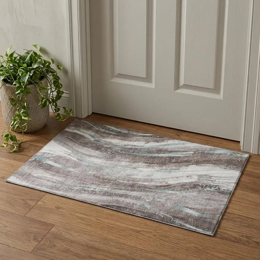Taupe Blue And Ivory Abstract Washable Area Rug With UV Protection Photo 1