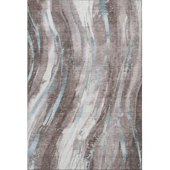 Taupe Blue And Ivory Abstract Washable Area Rug With UV Protection Photo 3