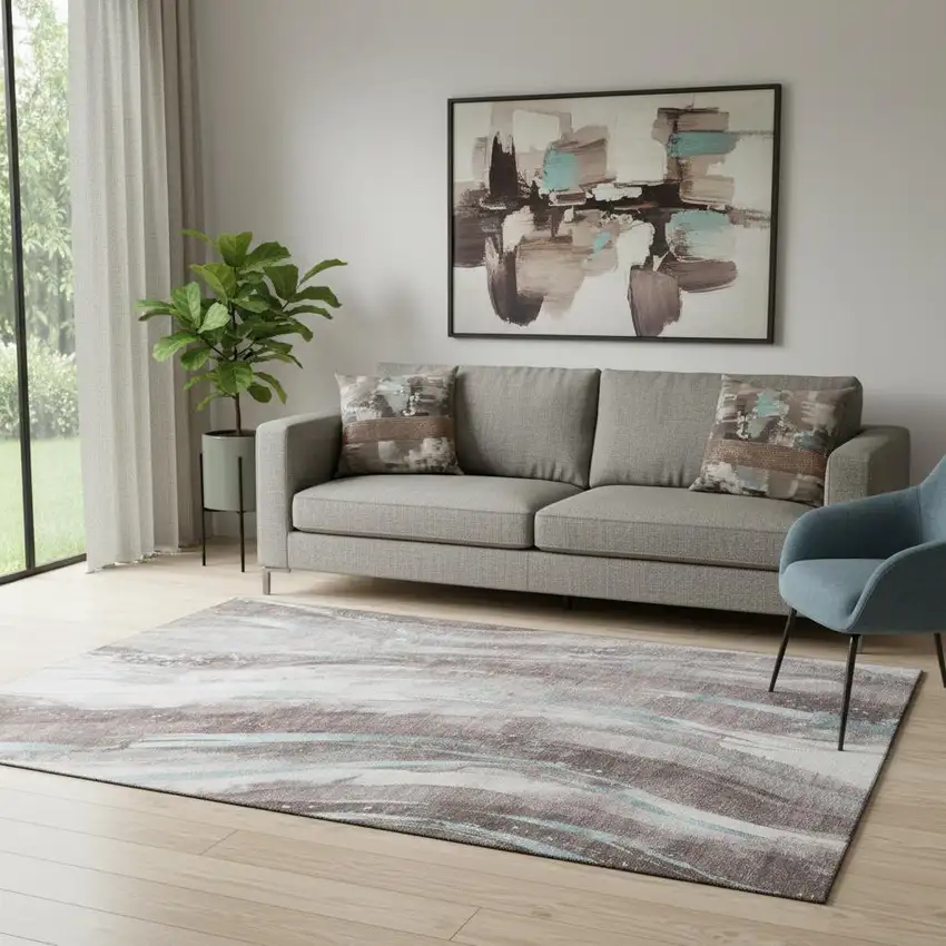 Taupe Blue And Ivory Abstract Washable Area Rug With UV Protection Photo 2