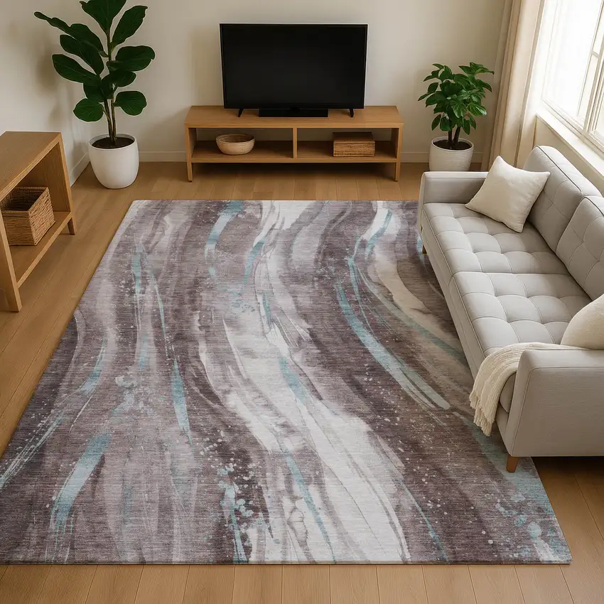 Taupe Blue And Ivory Abstract Washable Area Rug With UV Protection Photo 4