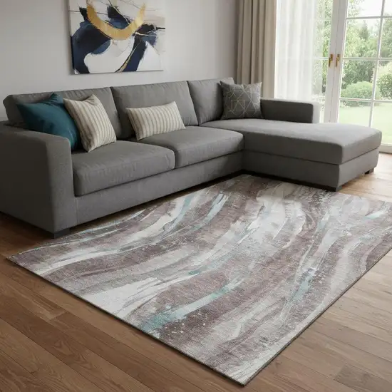 Taupe Blue And Ivory Abstract Washable Area Rug With UV Protection Photo 2