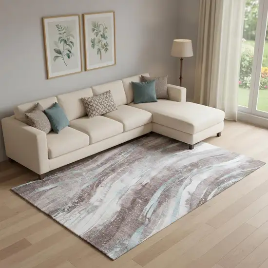 Taupe Blue And Ivory Abstract Washable Area Rug With UV Protection Photo 2