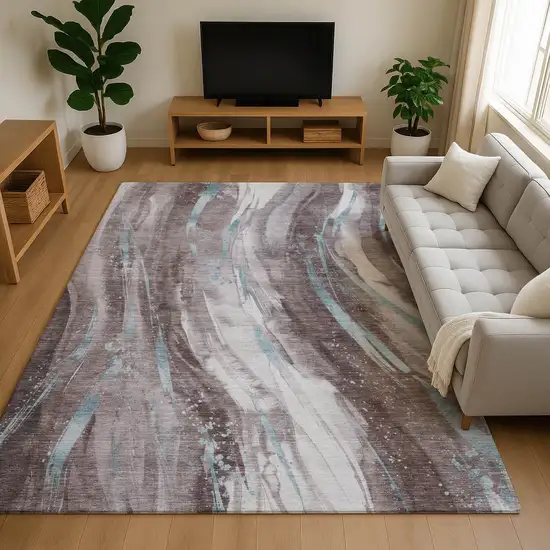 Taupe Blue And Ivory Abstract Washable Area Rug With UV Protection Photo 4