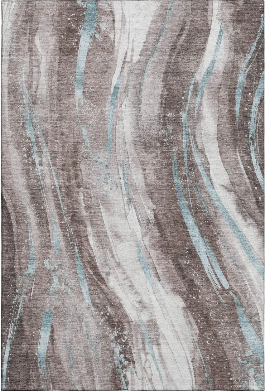Taupe Blue And Ivory Abstract Washable Area Rug With UV Protection Photo 1