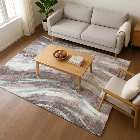 Taupe Blue And Ivory Abstract Washable Area Rug With UV Protection Photo 4