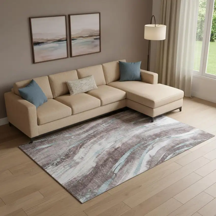 Taupe Blue And Ivory Abstract Washable Area Rug With UV Protection Photo 2