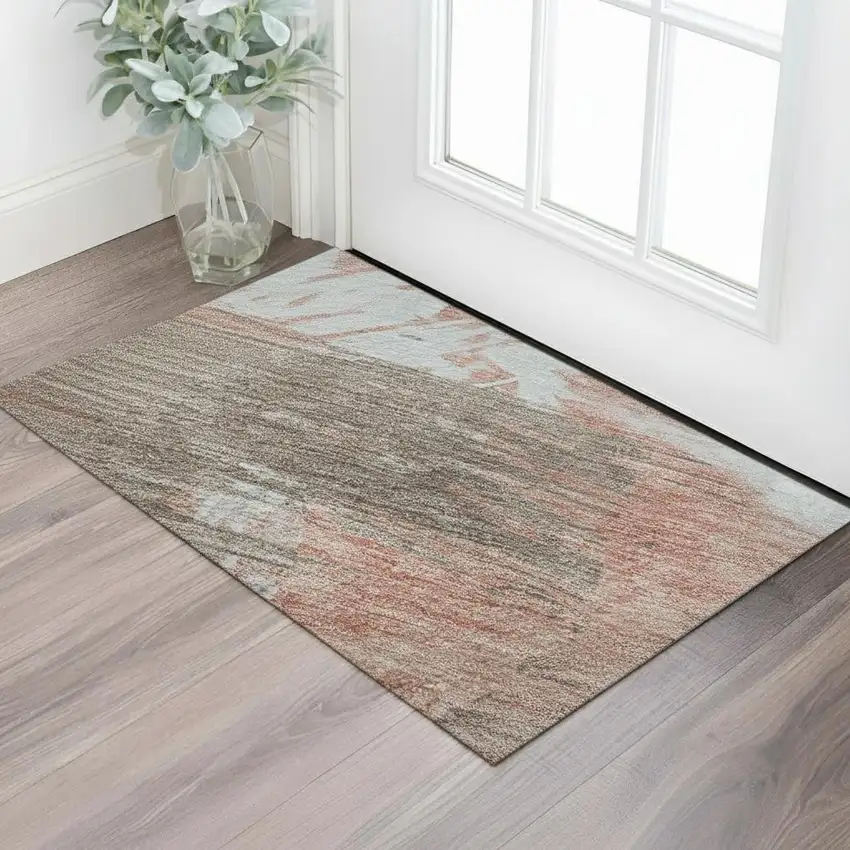 Taupe Blue And Ivory Abstract Washable Area Rug With UV Protection Photo 2