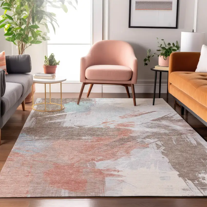 Taupe Blue And Ivory Abstract Washable Area Rug With UV Protection Photo 4