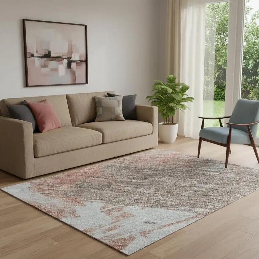 Taupe Blue And Ivory Abstract Washable Area Rug With UV Protection Photo 2