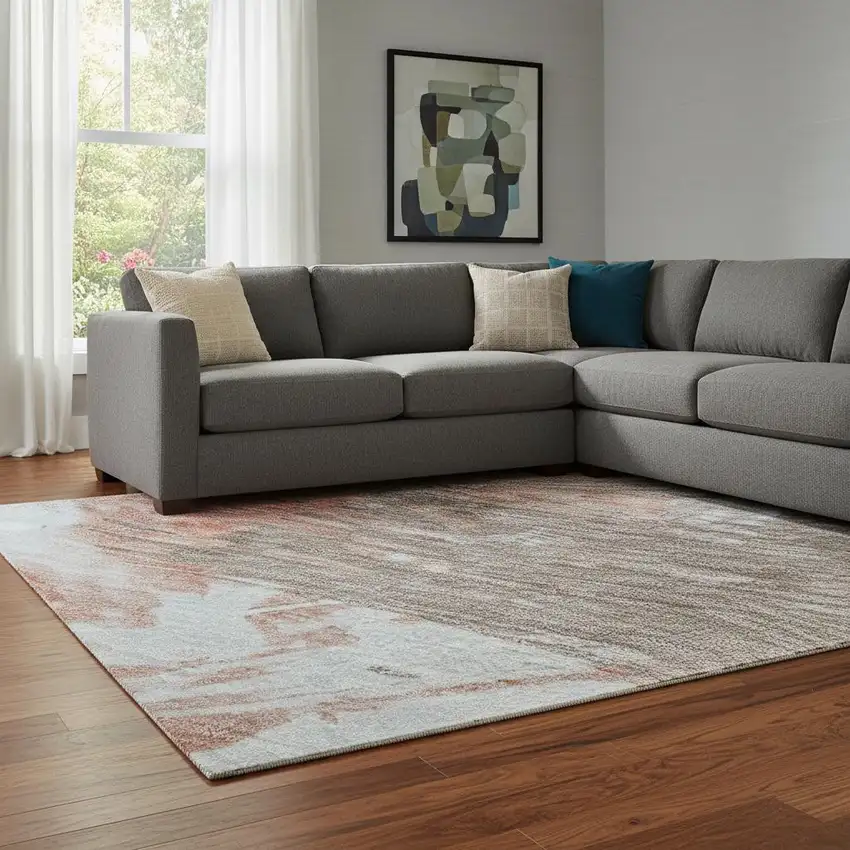 Taupe Blue And Ivory Abstract Washable Area Rug With UV Protection Photo 2