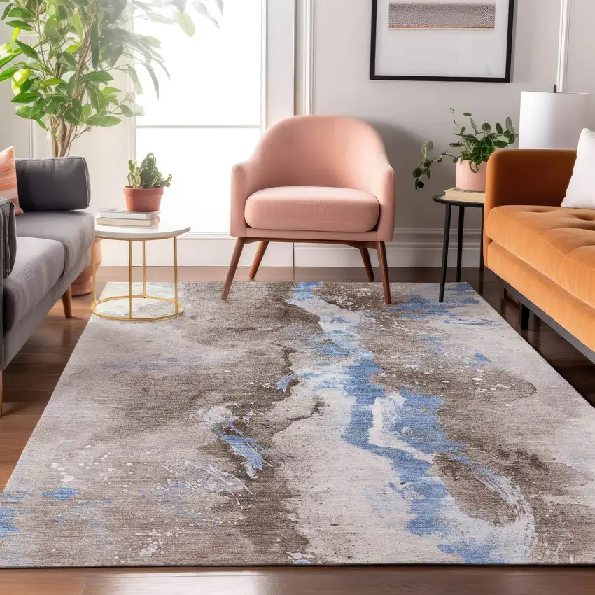 Taupe Blue And Ivory Abstract Washable Area Rug With UV Protection Photo 5