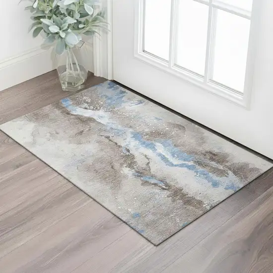 Taupe Blue And Ivory Abstract Washable Area Rug With UV Protection Photo 2