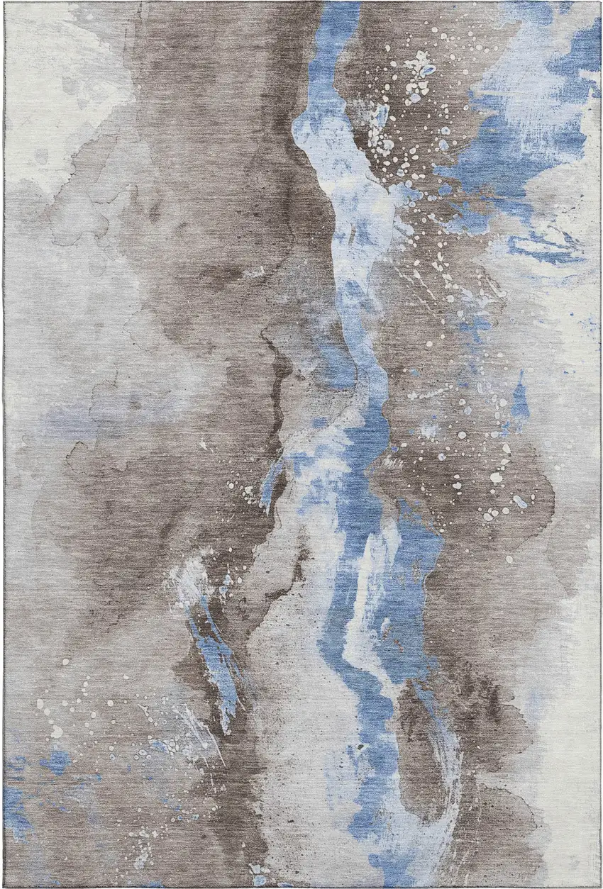 Taupe Blue And Ivory Abstract Washable Area Rug With UV Protection Photo 1