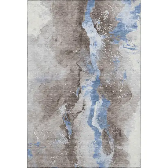 Taupe Blue And Ivory Abstract Washable Area Rug With UV Protection Photo 1