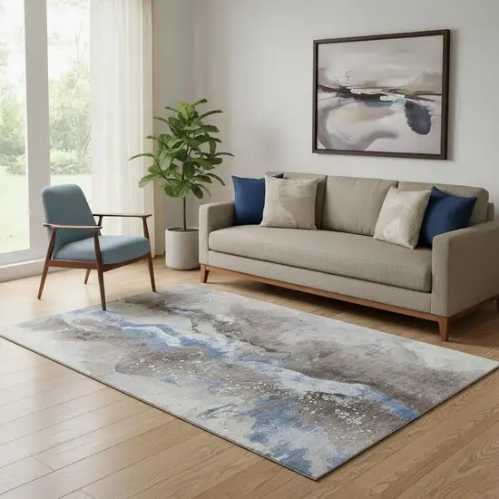 Taupe Blue And Ivory Abstract Washable Area Rug With UV Protection Photo 2