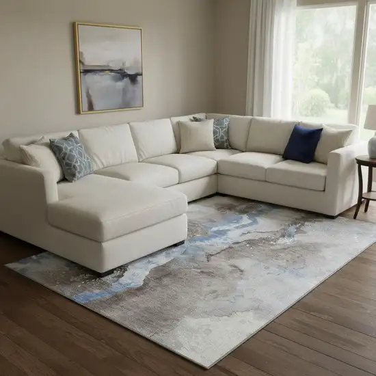 Taupe Blue And Ivory Abstract Washable Area Rug With UV Protection Photo 2