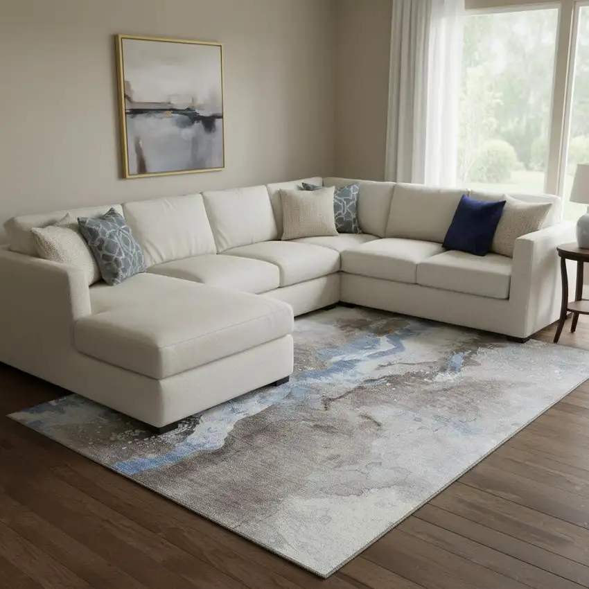 Taupe Blue And Ivory Abstract Washable Area Rug With UV Protection Photo 2