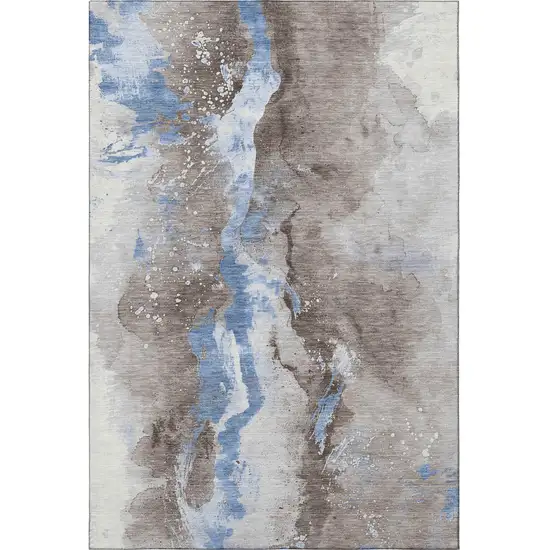 Taupe Blue And Ivory Abstract Washable Area Rug With UV Protection Photo 3