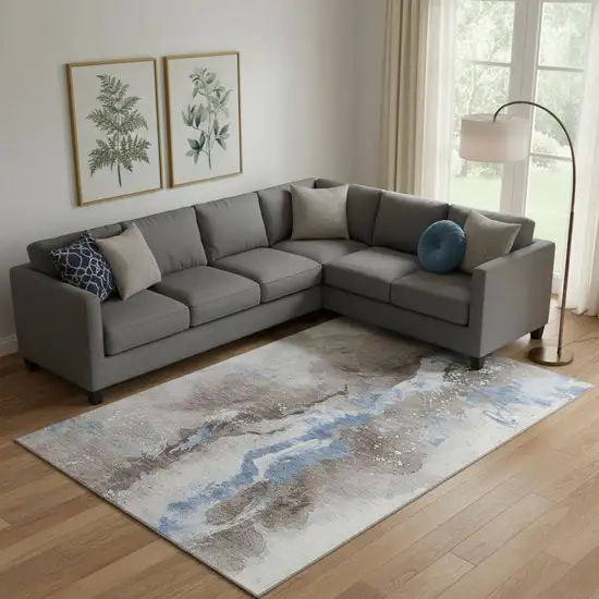 Taupe Blue And Ivory Abstract Washable Area Rug With UV Protection Photo 2