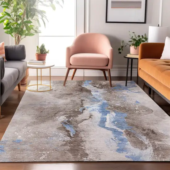 Taupe Blue And Ivory Abstract Washable Area Rug With UV Protection Photo 5