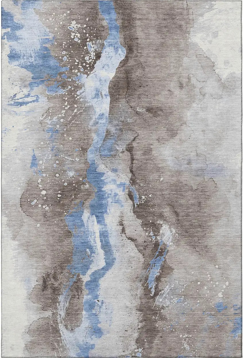 Taupe Blue And Ivory Abstract Washable Area Rug With UV Protection Photo 3