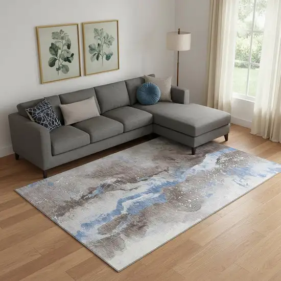 Taupe Blue And Ivory Abstract Washable Area Rug With UV Protection Photo 2