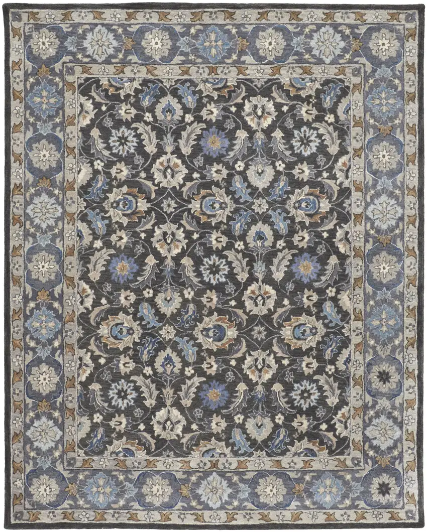 Taupe Blue And Ivory Wool Floral Tufted Handmade Area Rug Photo 2