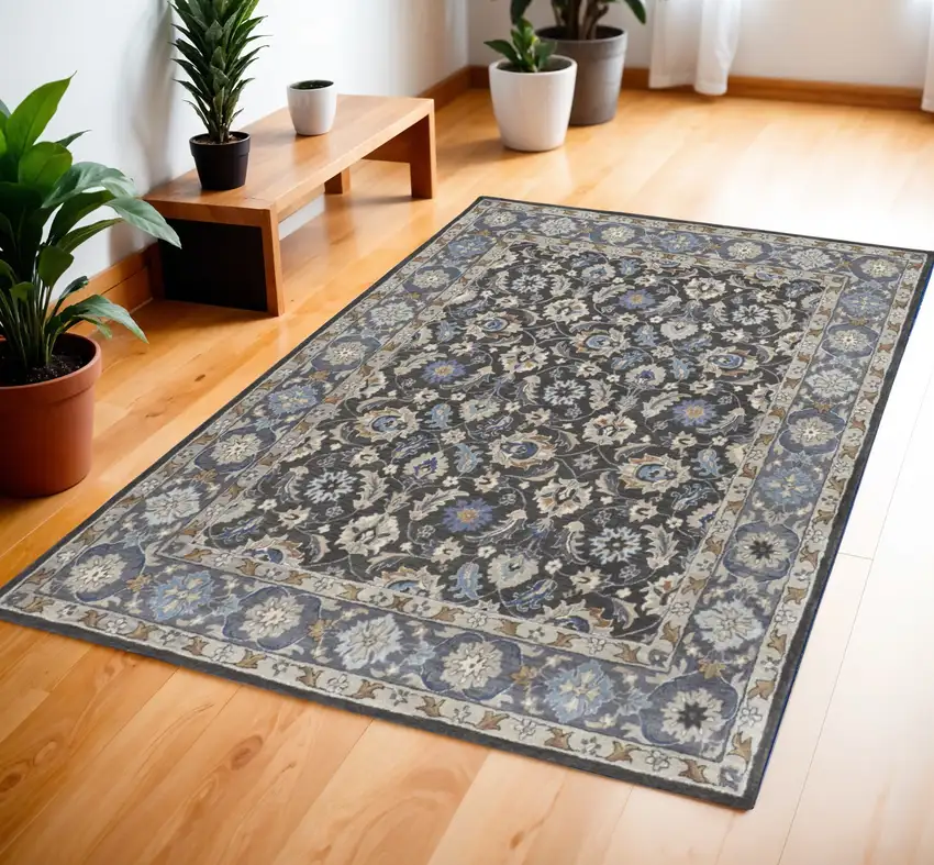 Taupe Blue And Ivory Wool Floral Tufted Handmade Area Rug Photo 1