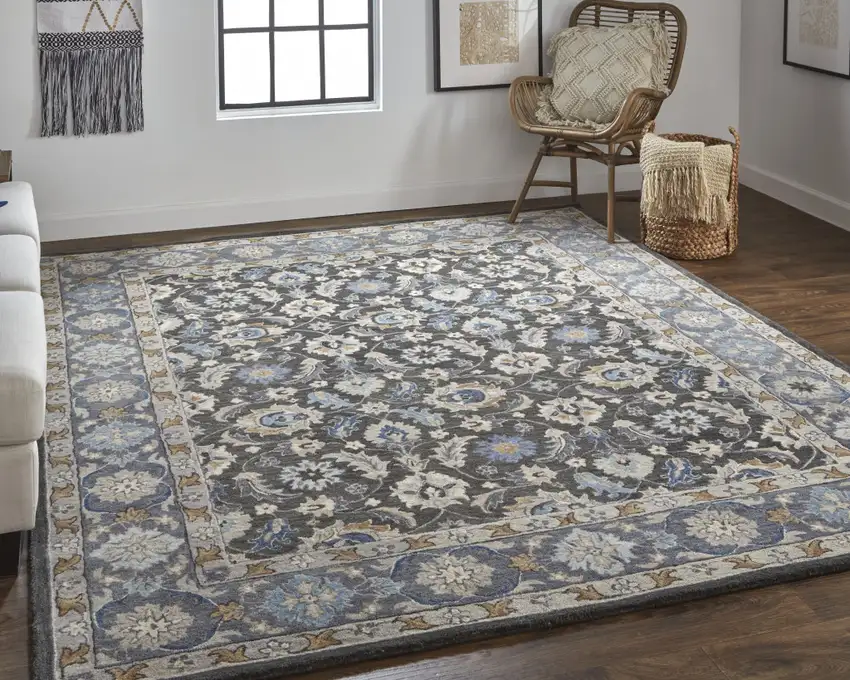 Taupe Blue And Ivory Wool Floral Tufted Handmade Stain Resistant Area Rug Photo 6