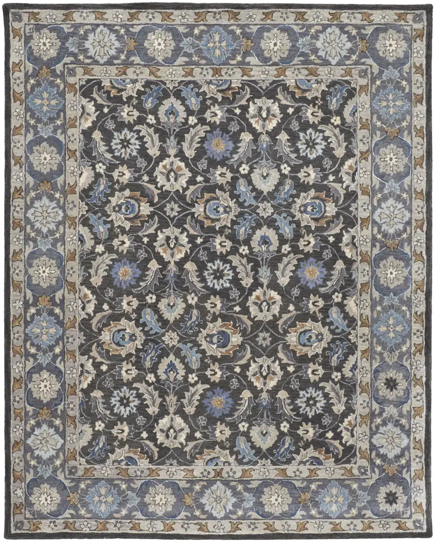 Taupe Blue And Ivory Wool Floral Tufted Handmade Stain Resistant Area Rug Photo 1